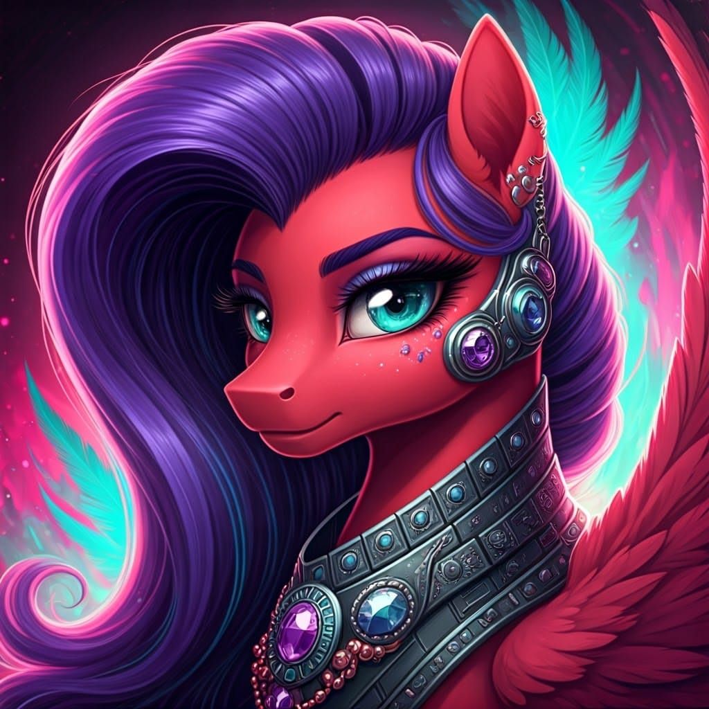 Crimson Pony with Futuristic Jewelry in Digital Art Style