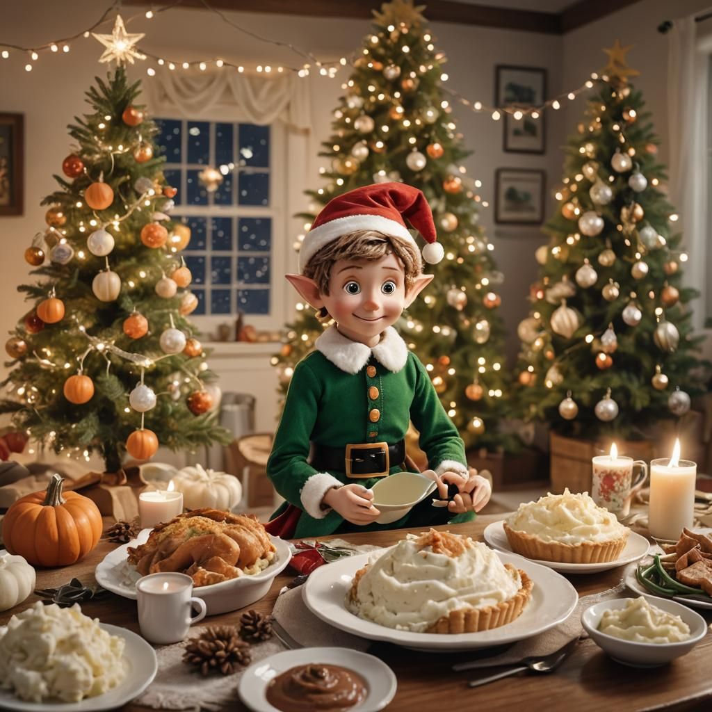Festive Christmas Elf Feast in Cozy Illustration