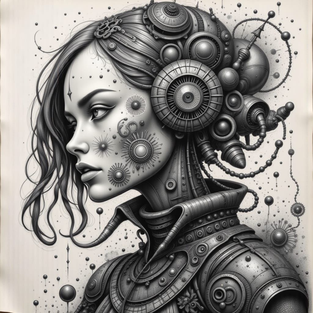 Cyberpunk Wasp Girl: Ink and Charcoal Portrait