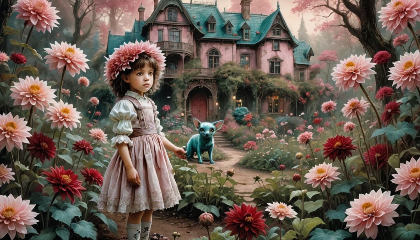 Enchanting Garden With Alien Friend, Fantasy Illustration