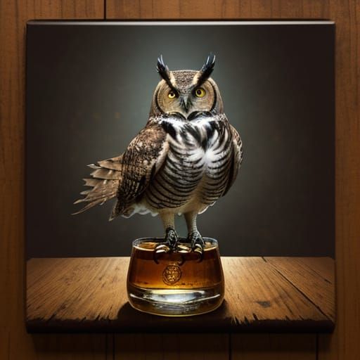 Great Horned Owl Under Whiskey Bottle in Chiaroscuro Style