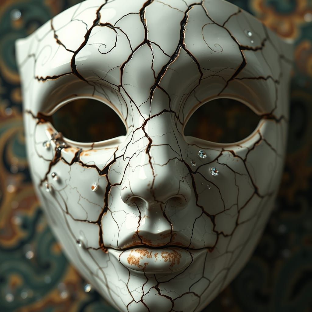 Emotive Expressionist Mask Shatters, Releasing Tears of Spar...