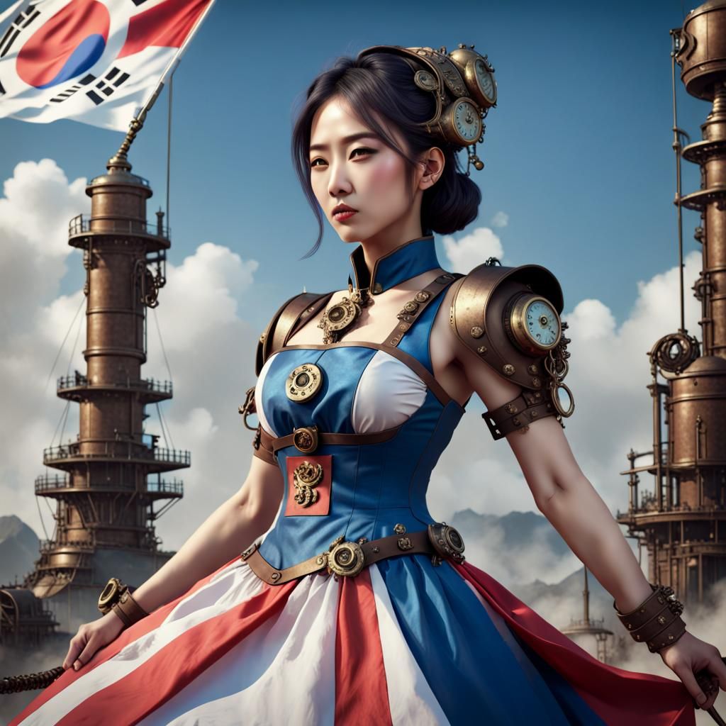 Asian steampunk-woman wearing Korean flag dress