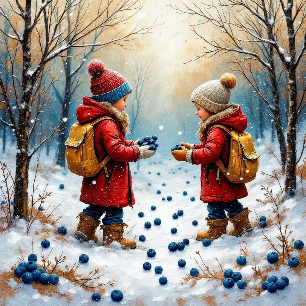 Children Picking Blueberries in Winter Wonderland, Fluid Art
