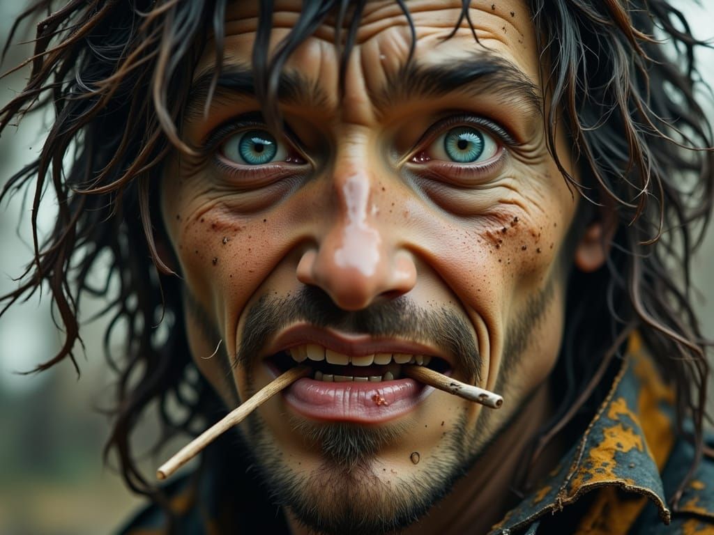 Hillbilly Close-Up with Wild Hair and Toothpick