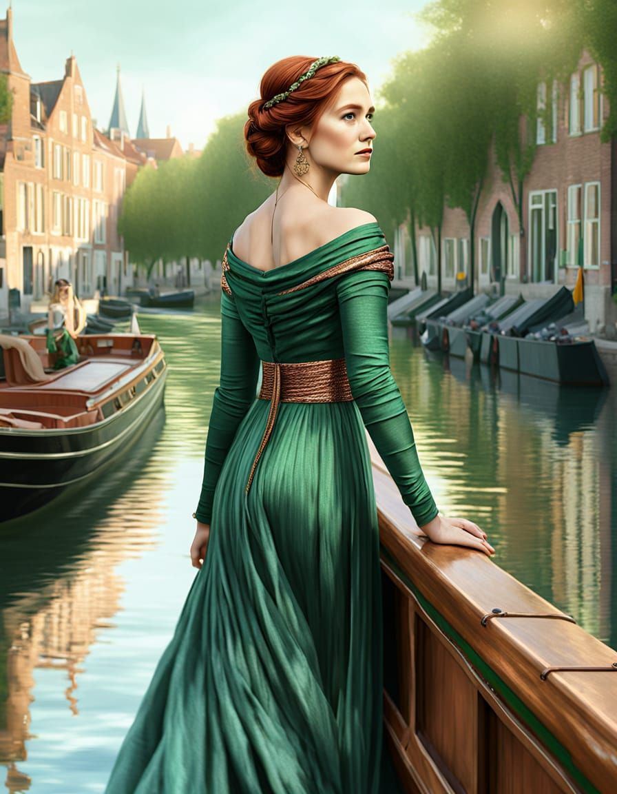 Dutch Woman in Emerald Dress on Canal Barge