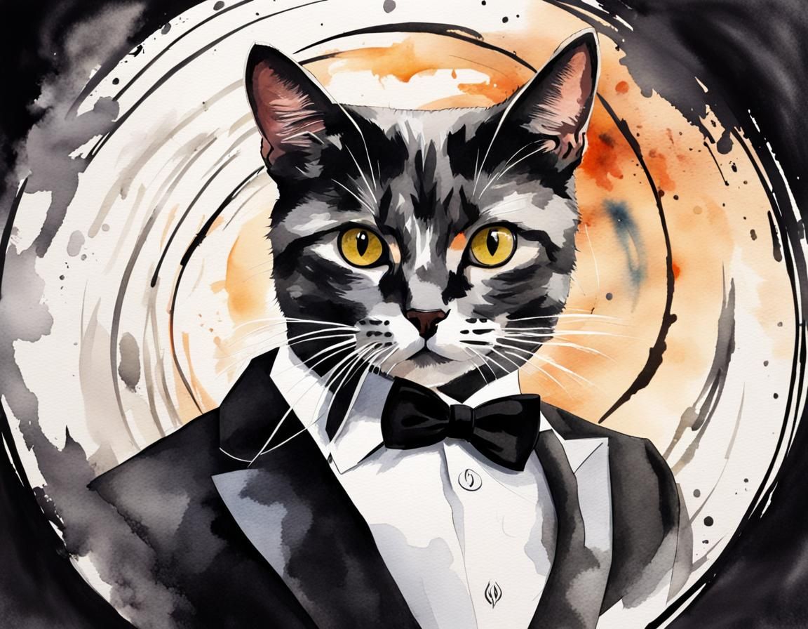 Cat as James Bond in Watercolor Style