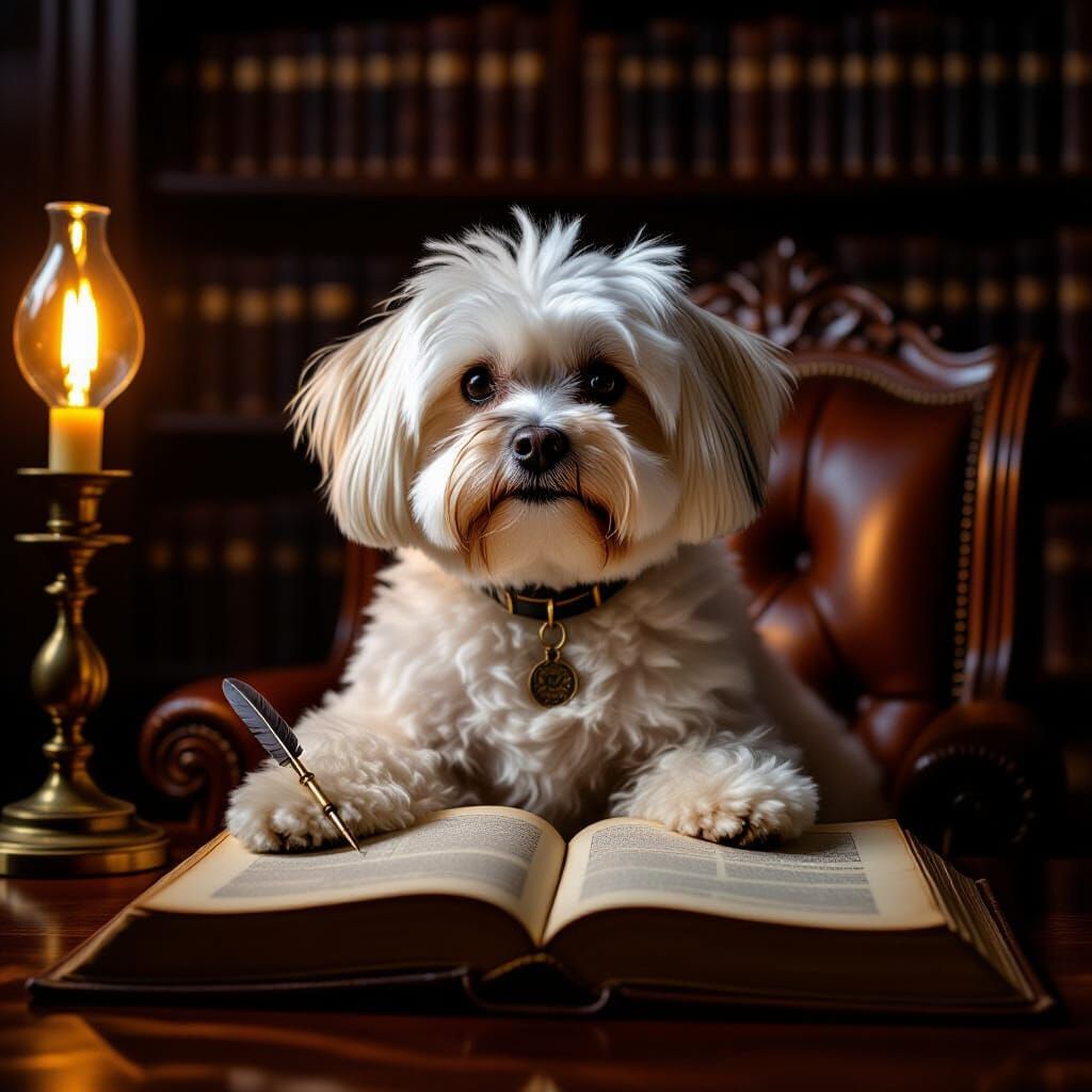 Majestic Maltese Dog in Ancient Study with Quill