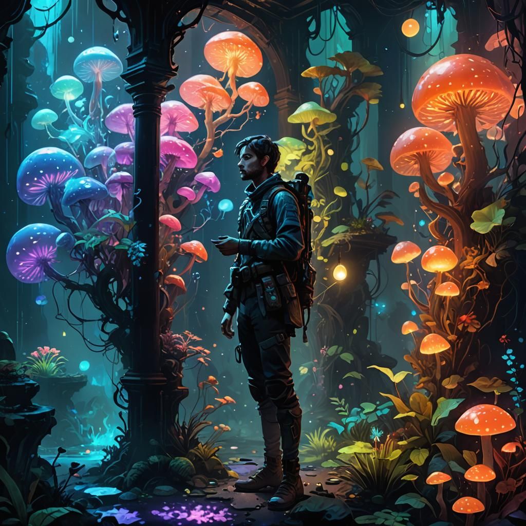 Fantasy Adventurer Surrounded by Glowing Orbs