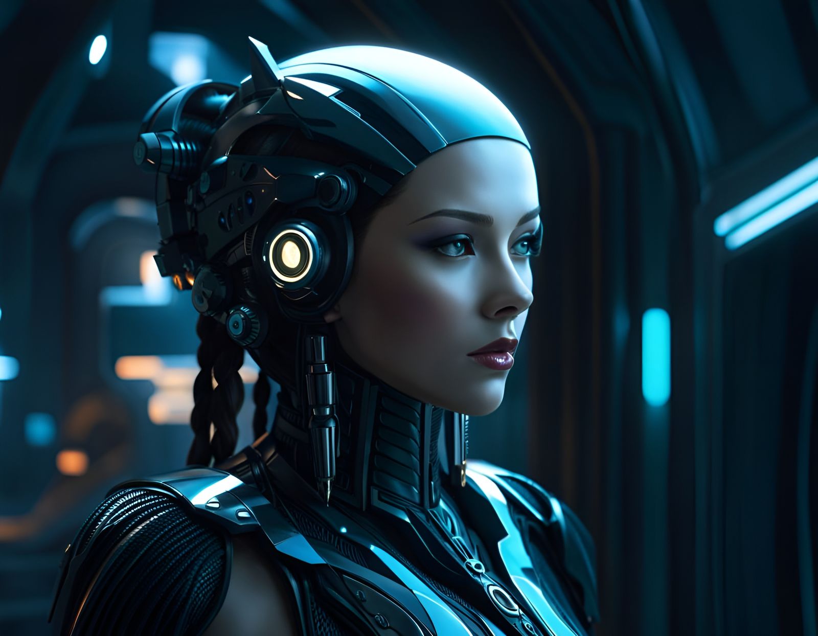 Cyberpunk Biomechanical Female Portrait in Dark Fantasy City