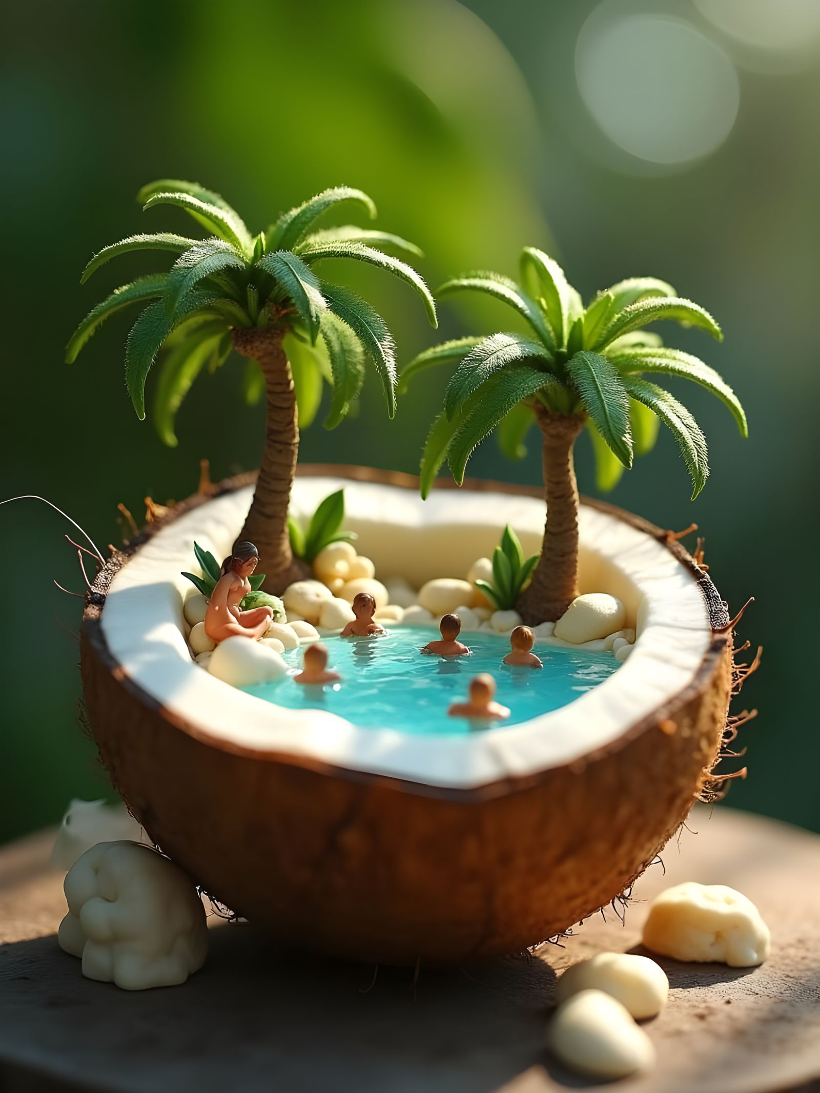 Tiny Tropical Paradise Inside a Coconut, Hyper-Realistic Pho...
