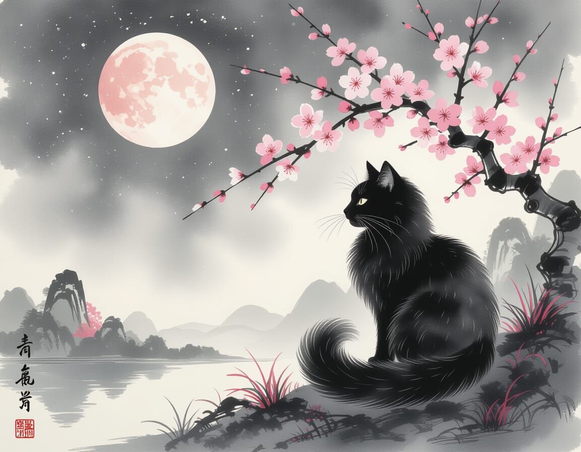 Black Cat With Ink Patterns in Chinese Watercolor Style