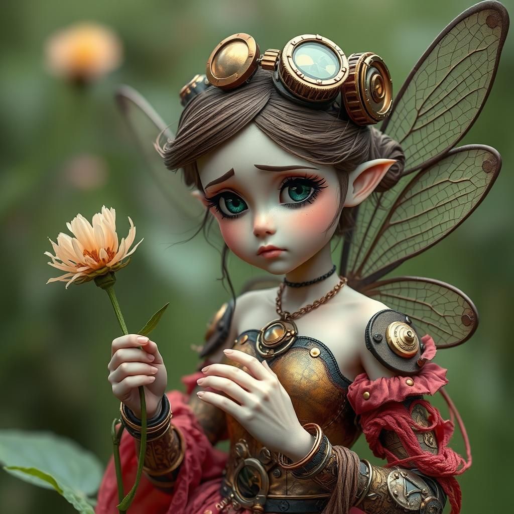 Steampunk Fairy Touches Flower with Copper Wings