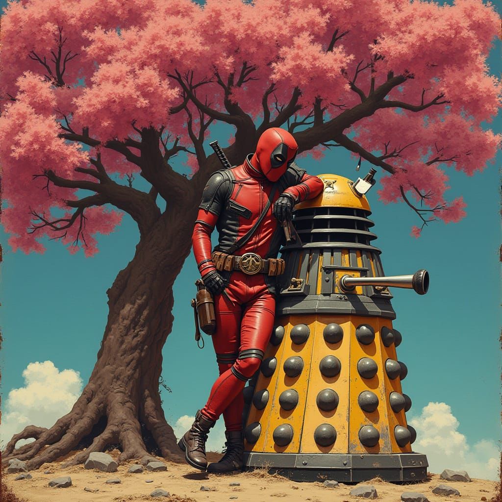 Deadpool Dalek Robot under a cherry blossom tree in a 1930s ...
