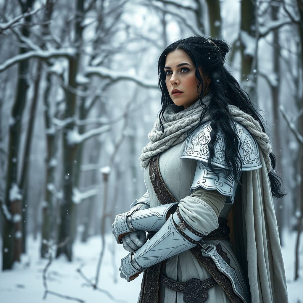 Woman Warrior in Snowy Forest, Cinematic Style