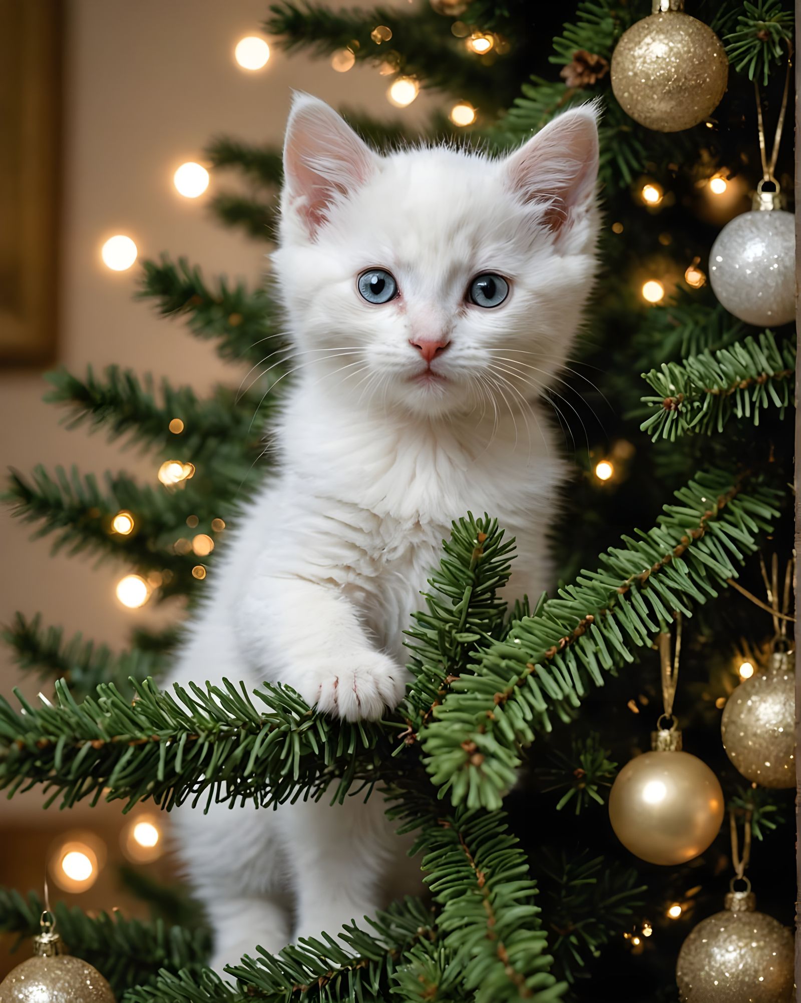 White Kitten in Christmas Tree, High Resolution