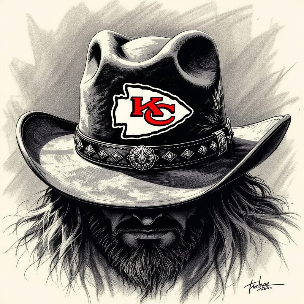 Chiefs and Monster Logos on Flattop Hat, Charcoal Drawing