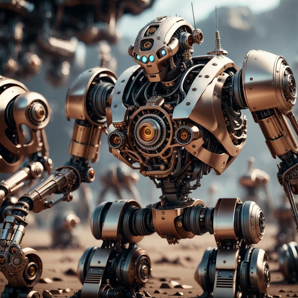 Robots with Intricate Mech Details in Steampunk Style