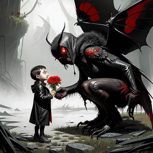 Mothman Offers Flower to Child: Sinister Art