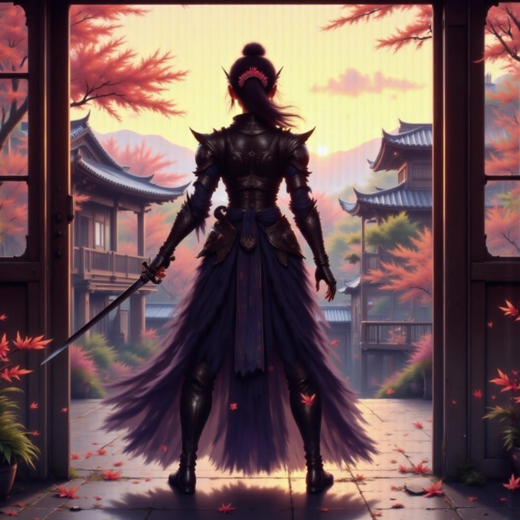 Samurai Warrior in Attack Pose, Japanese Courtyard