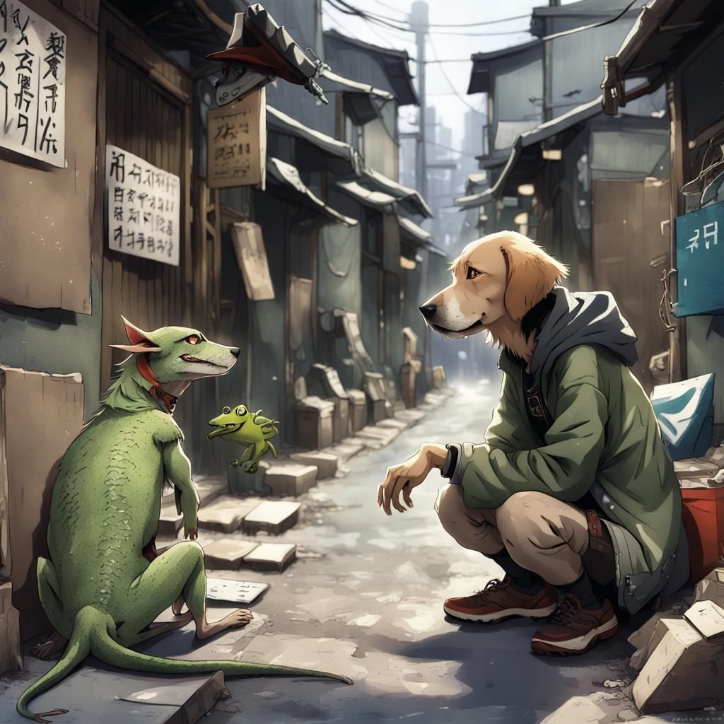 Dog Meets Lizard Person in Anime City Slum