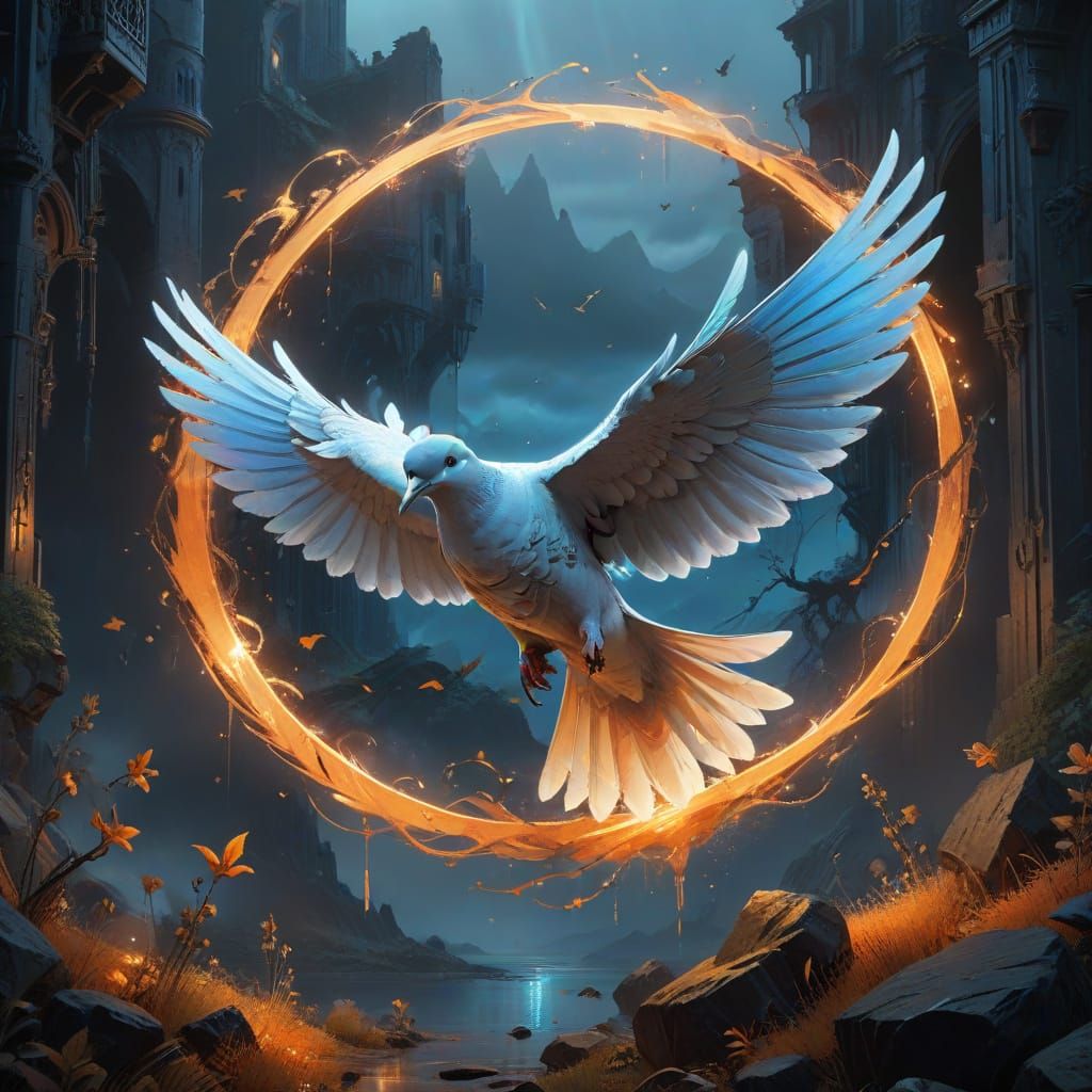 Regal Doves Soar in Ethereal Fantasy Landscapes