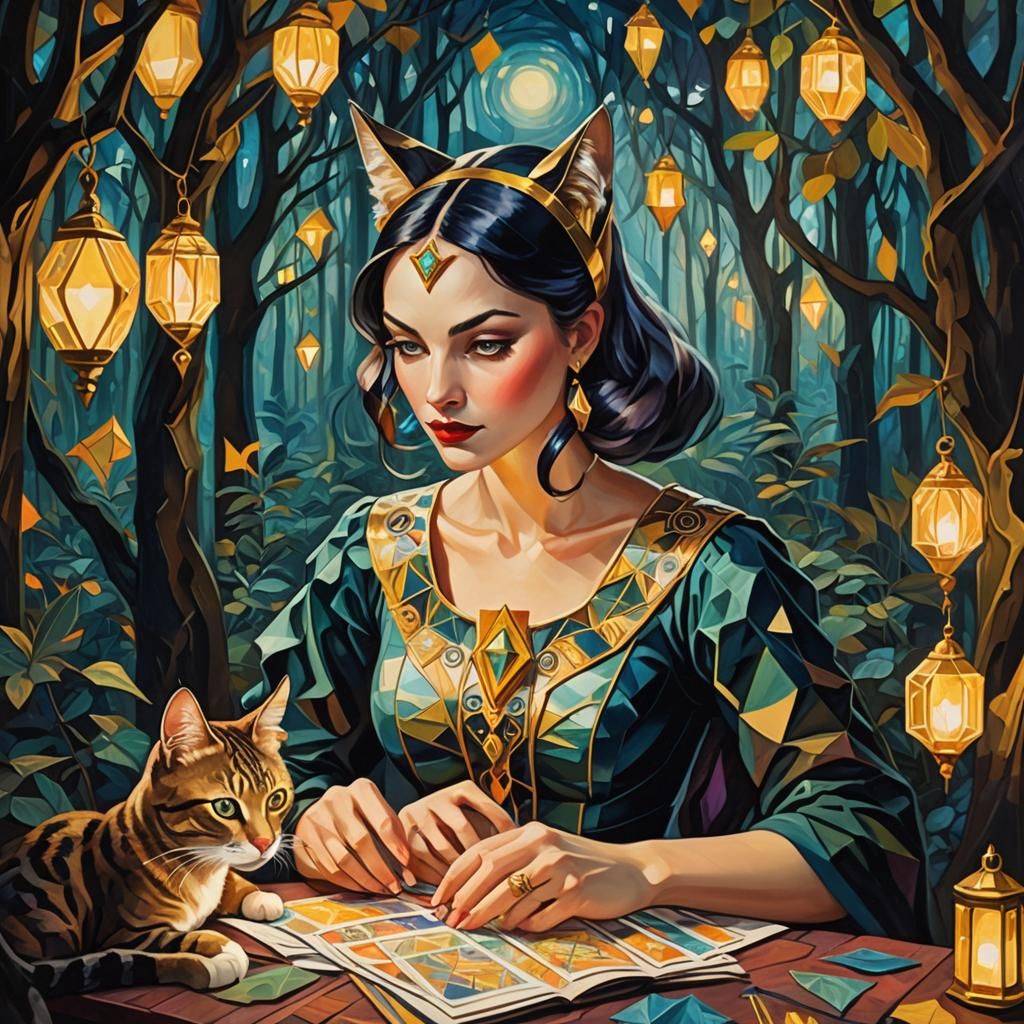 Mystical Cat Girl Tarot Card Reader in Cubist Style