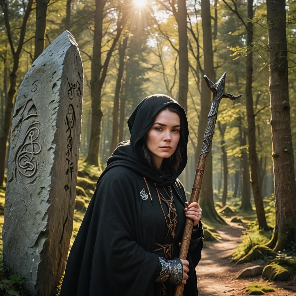 Young Bard in Sunny Forest with Runestone