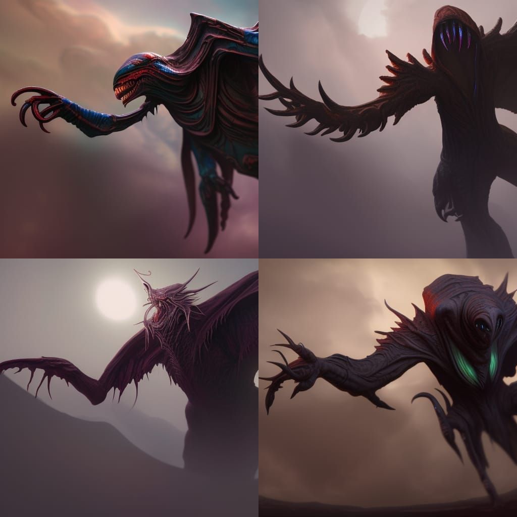 Hooded Alien Creature with Claws and Wings