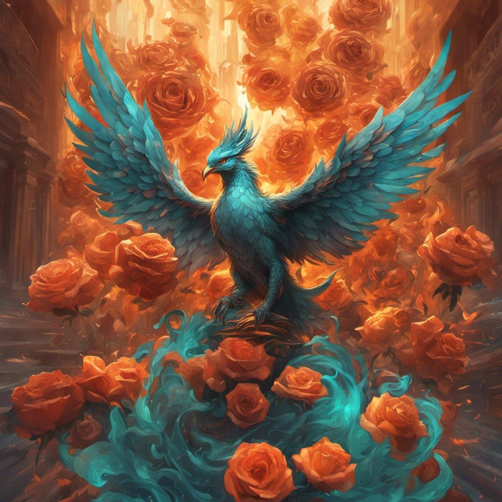 Burning Phoenix with Roses in Art Nouveau Style