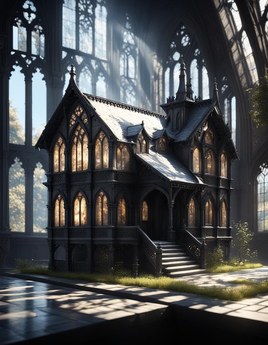 Beautiful gothic house painted black& ethereal vibes& whimsical vibes& beautiful craftsmanship vibes& hyperdetailed intr...