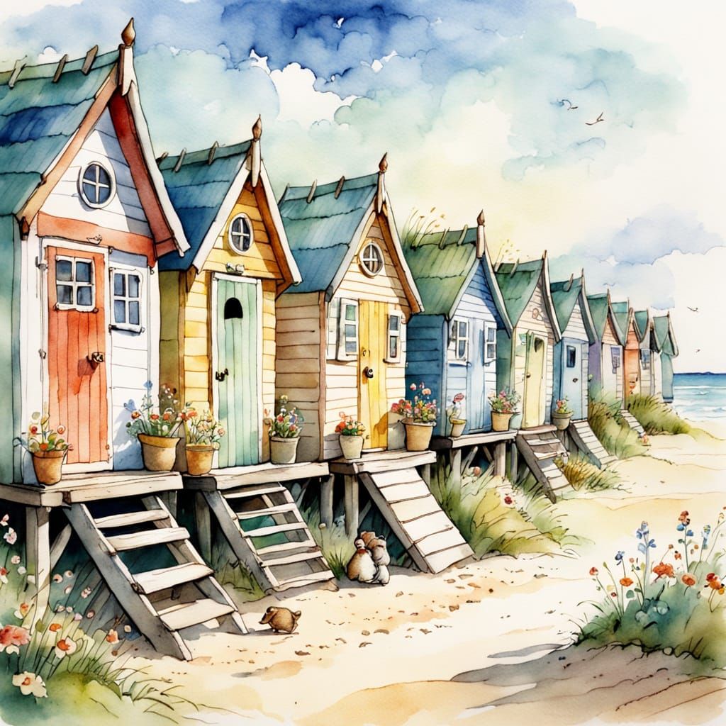 Quaint Brambly Hedge-Style Beach Huts in Watercolour