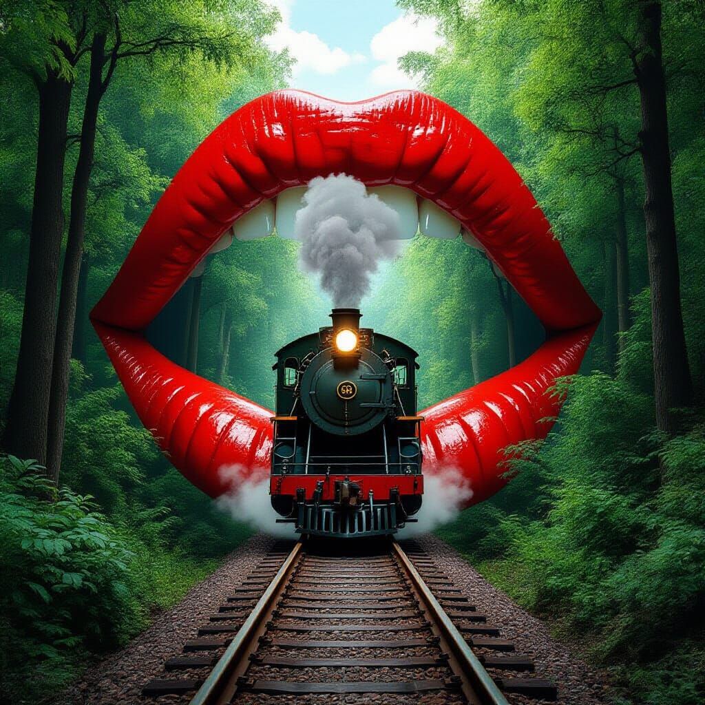 Surreal Steam Train Enters Giant Red Mouth in Forest