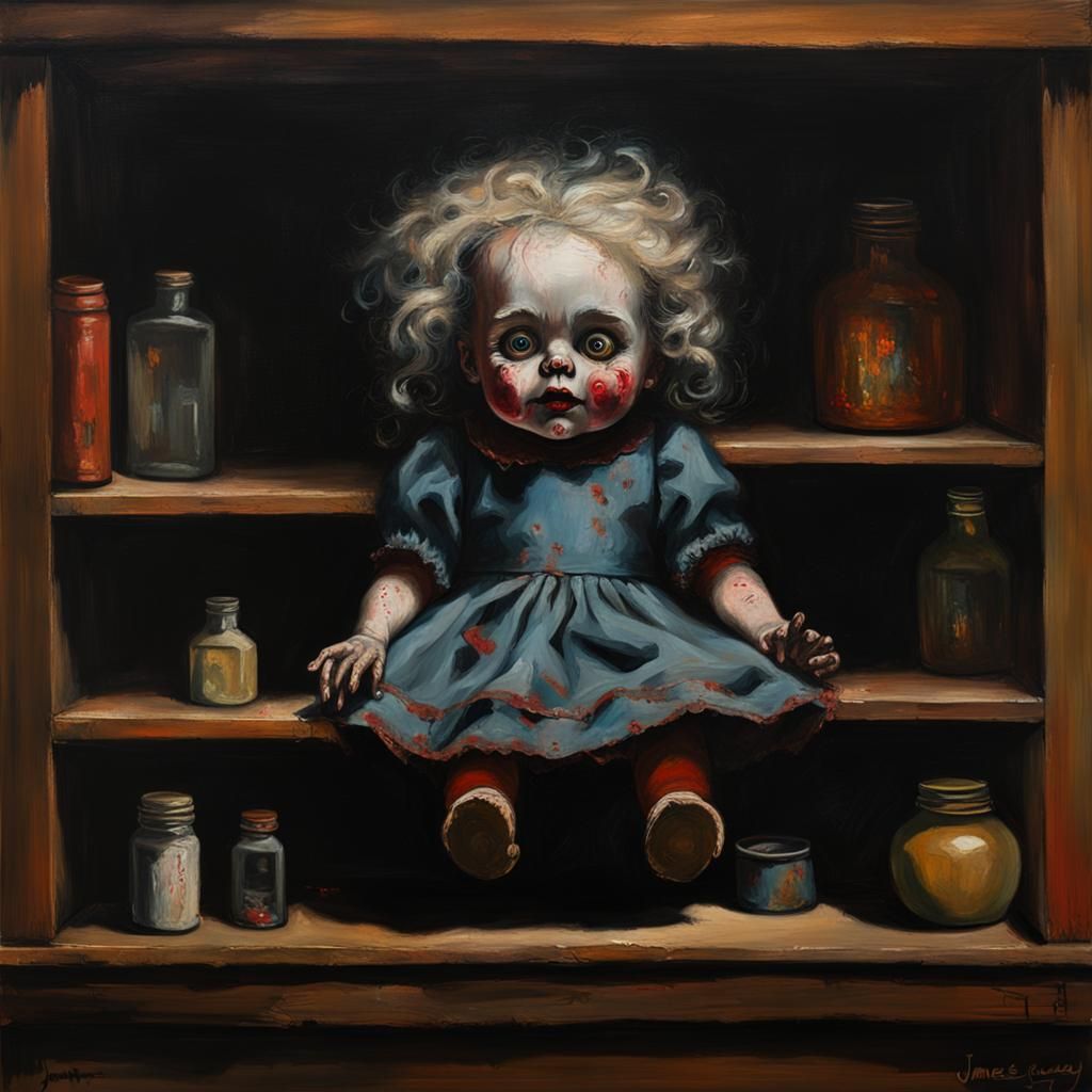 Horrifying Painted Doll on Bookshelf: Oil Painting