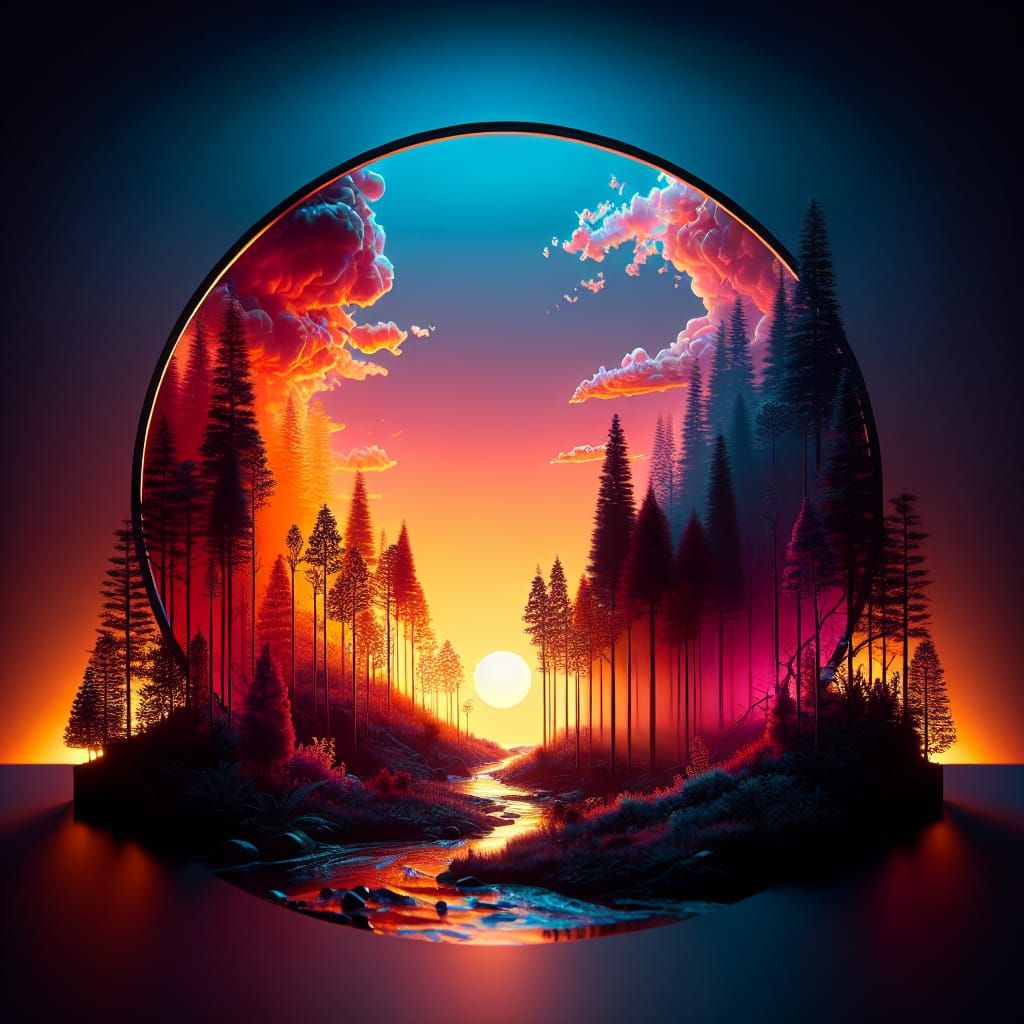 Orange Sunset: Forest Silhouette with Pink Clouds