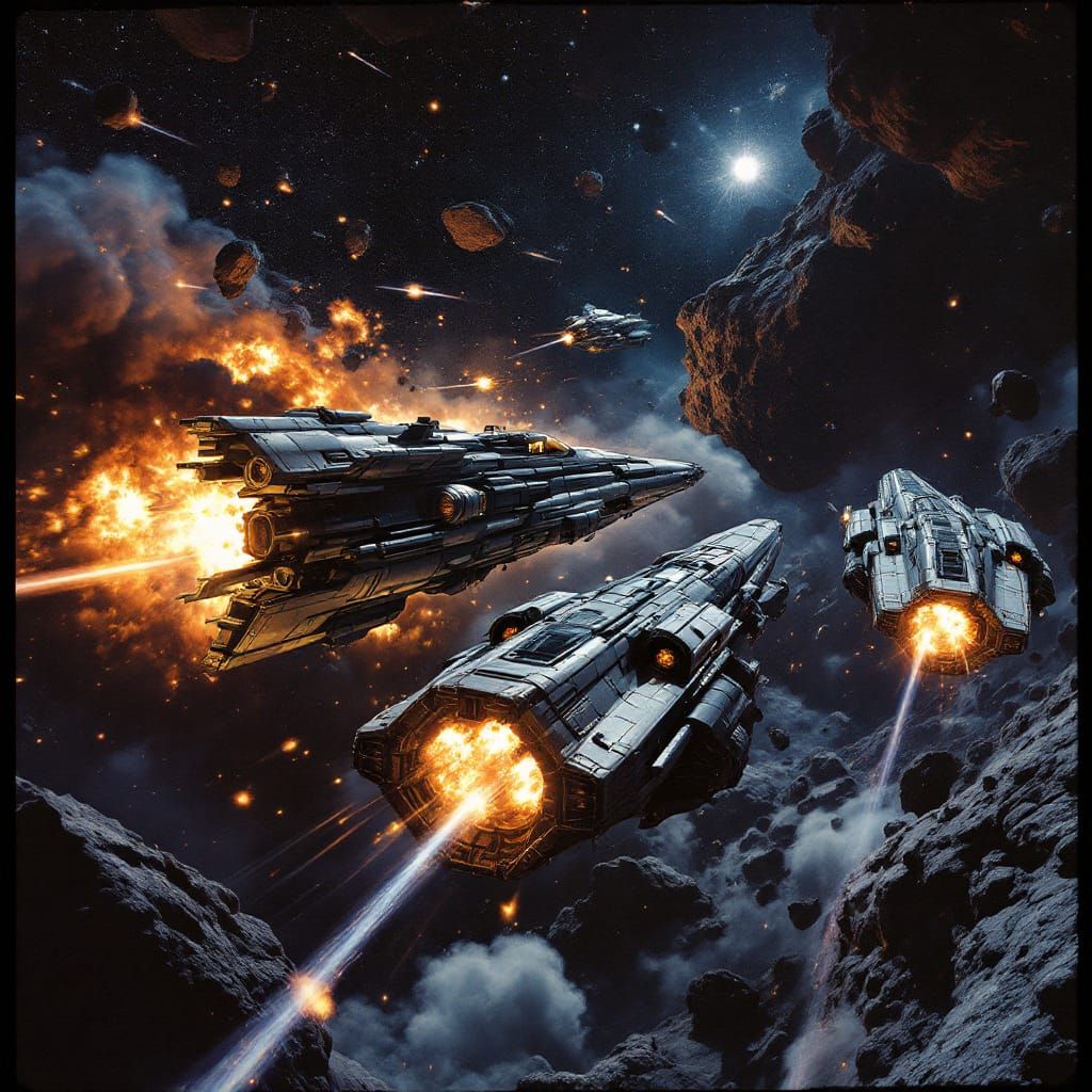 Spacecraft Battle Amidst Asteroid Belt, Cinematic Film Still