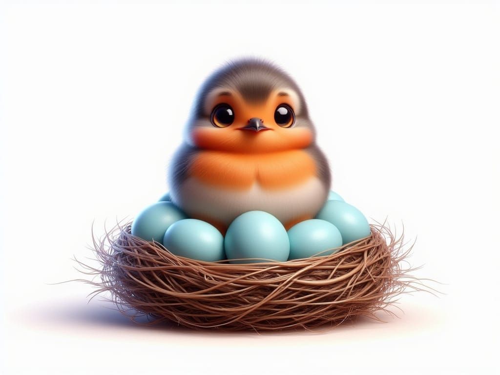 Adorable Kawaii Mother Robin on Nest