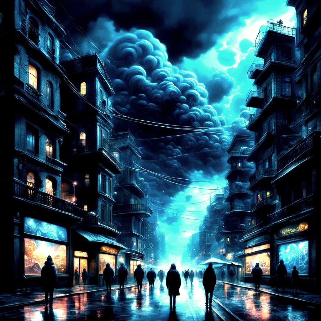 Surreal Cityscape at Night with Dreamy Sky