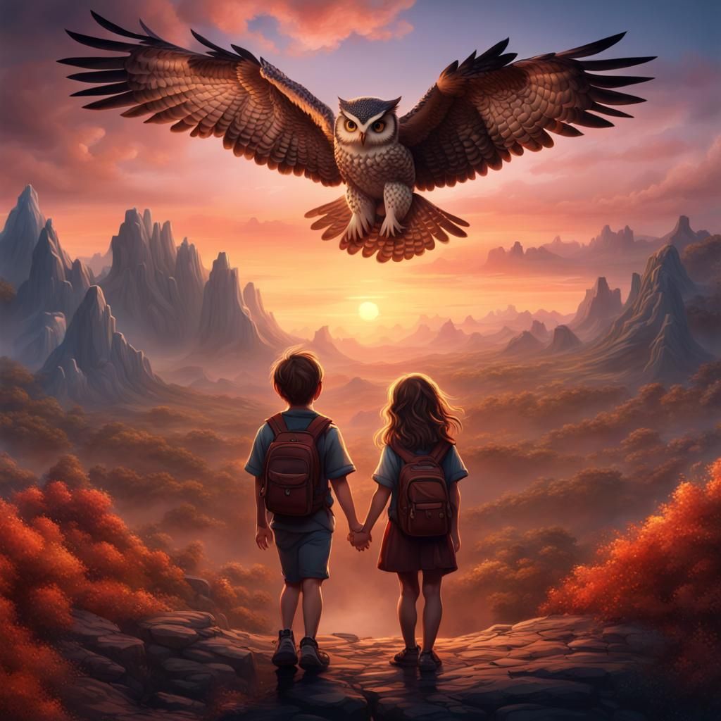 Fantasy Sunset: Children, Owl, and Mountain Landscape
