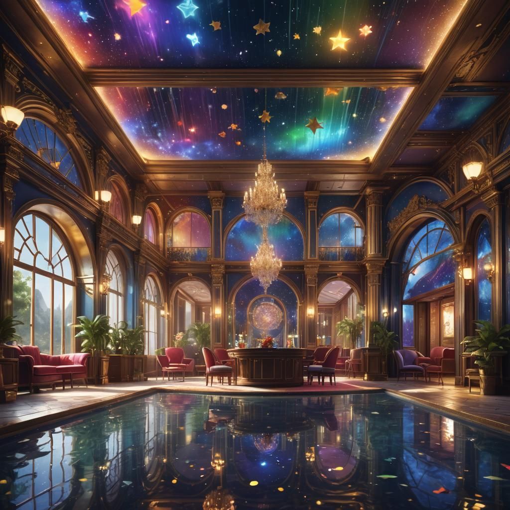 Luxury Rainbow Hotel Interior with Water Reflections