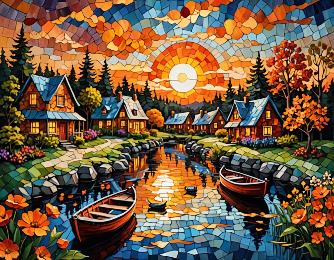 River Sunset in Mixed Media Mosaic Impasto Style