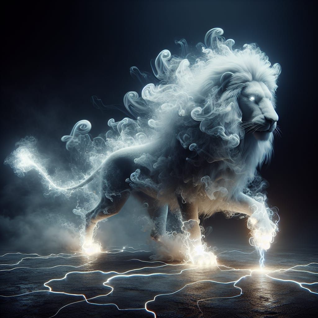 Ethereal White Lion Formed of Swirling Smoke
