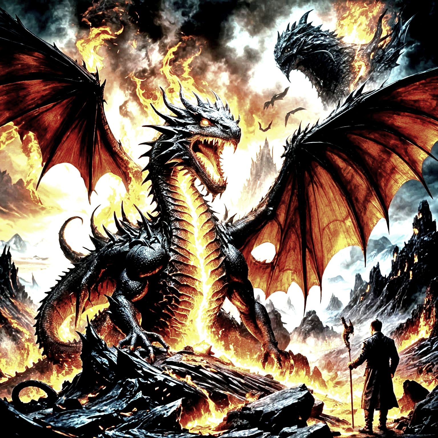 Epic Dragon-Man Hybrid with Fiery Wings