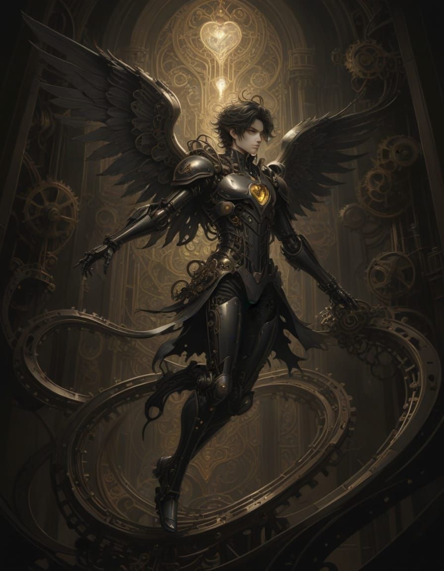 Gothic Manga Mechanical Heart with Floral Details