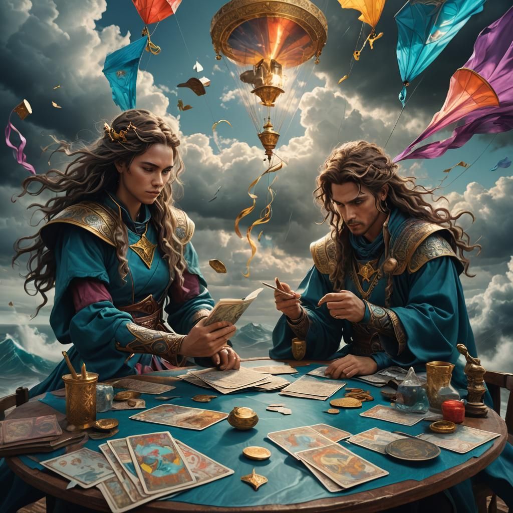 Aquarius Twins Reading Tarot Cards in Dystopian Style