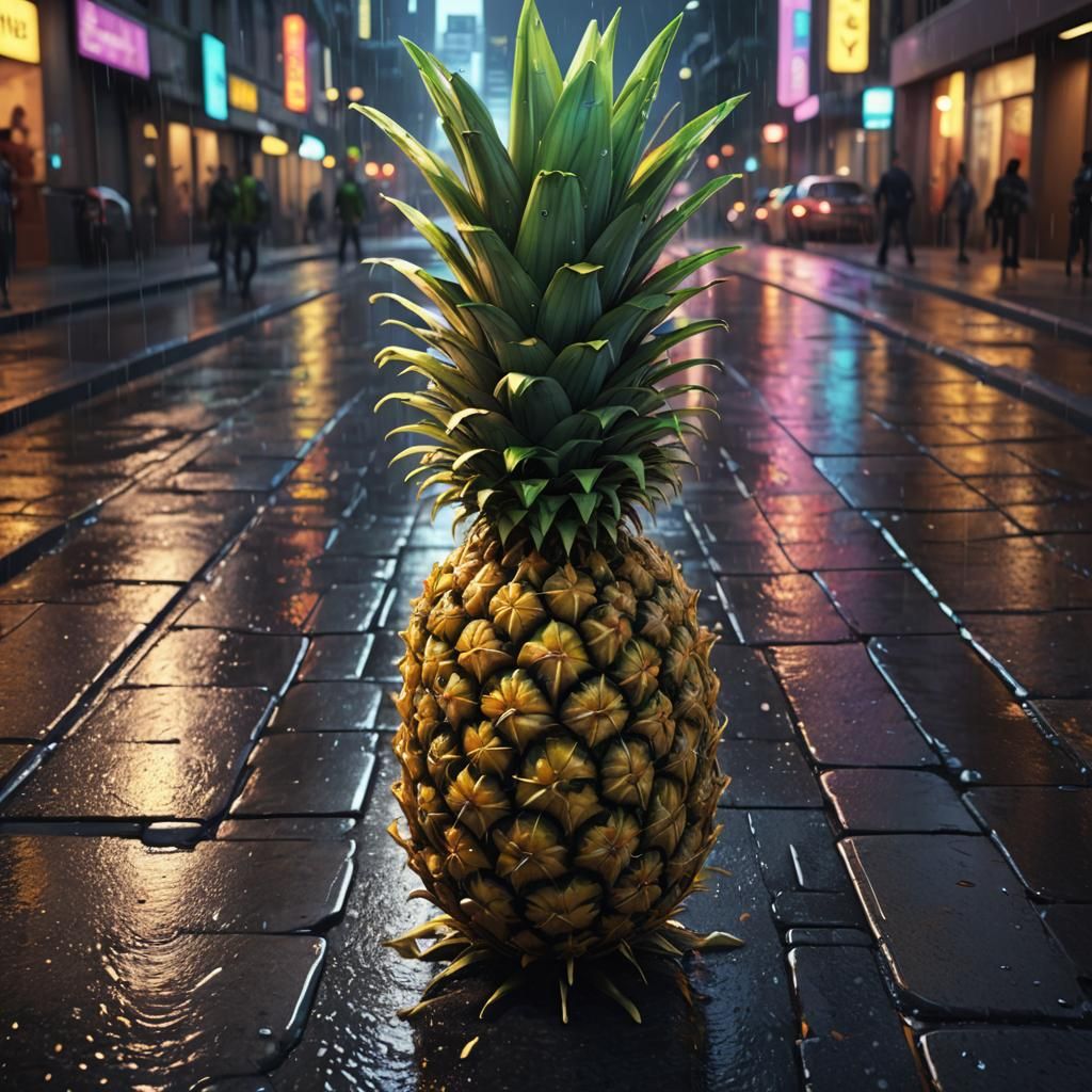 Cartoon Pineapple Walks in Futuristic City