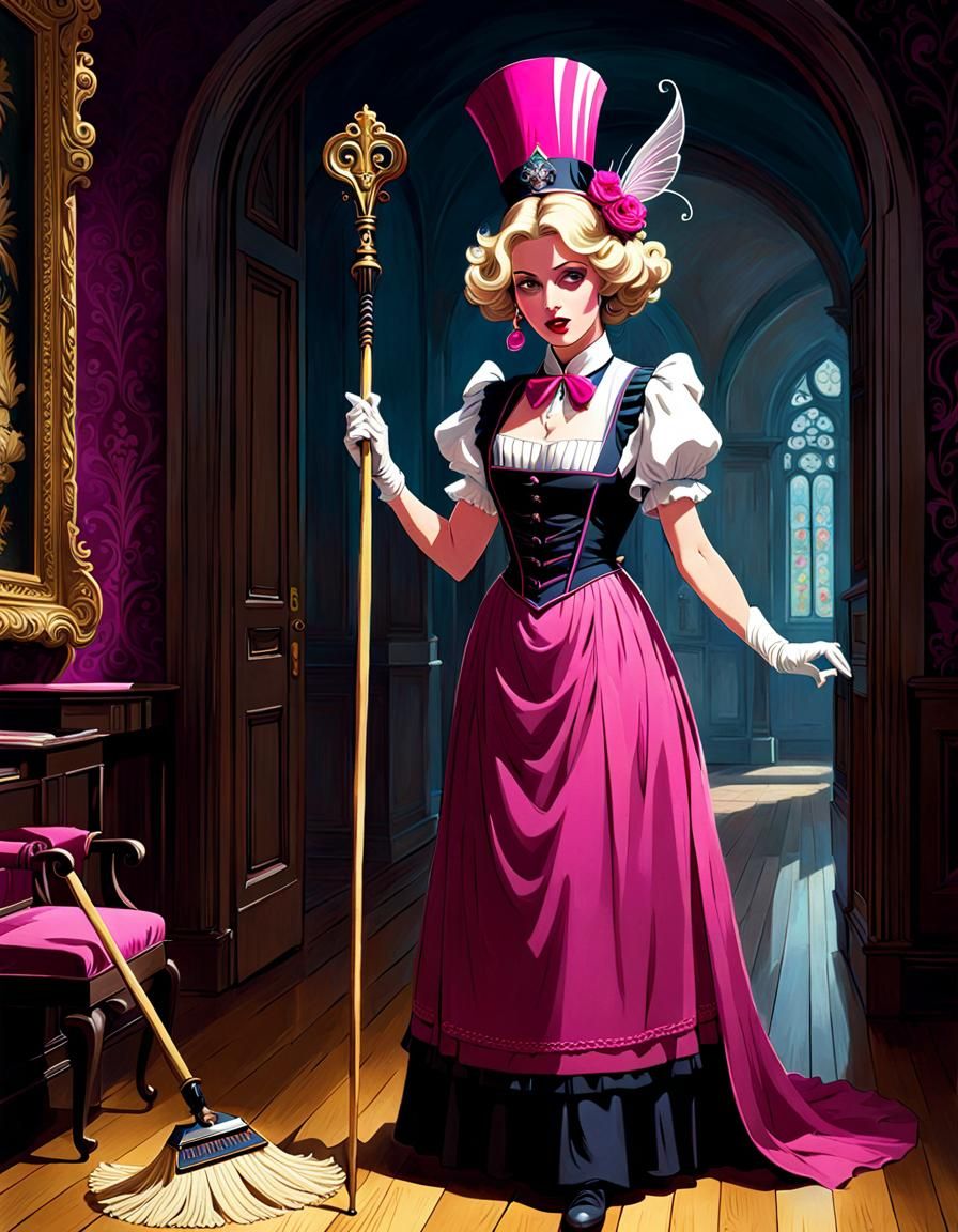 Magical Maid Mopping Mansion with Moth Motifs