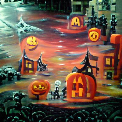 Spooky Halloween Town in Acrylic Art Style