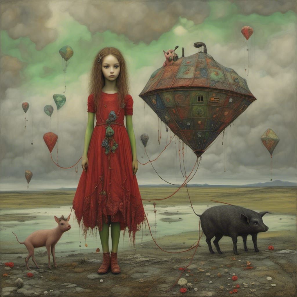Alien Girl with Piglet in Surreal Landscape