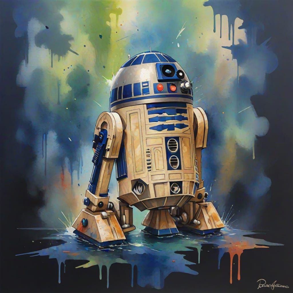 R2-D2 in Gouache and Watercolor Style